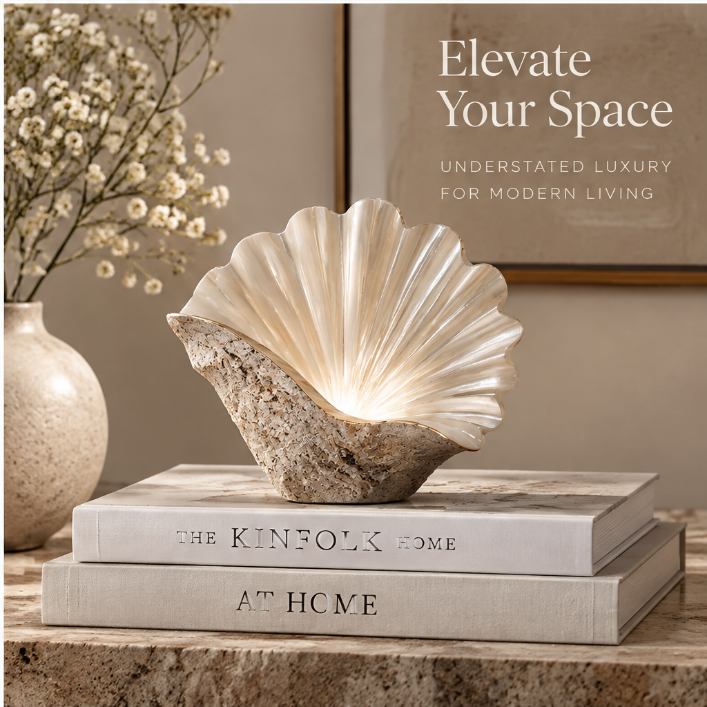 Fan shell decor styled on books beside a neutral vase