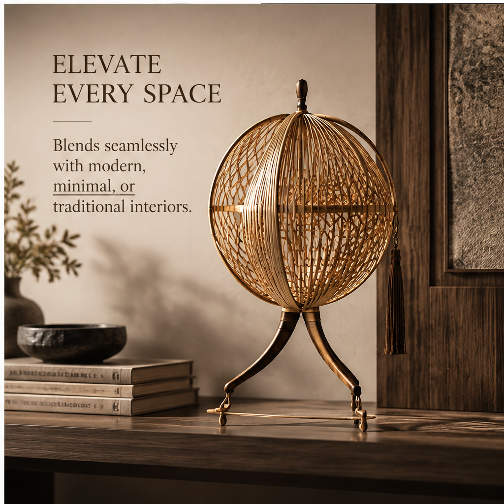 Front view of rounded bamboo ornament with top finial and dark hanging tassel