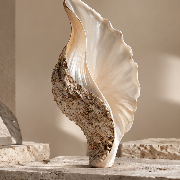 Upright shell decor with an ivory-toned interior and textured brown exterior