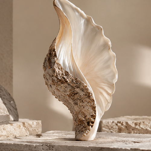 Upright shell decor with an ivory-toned interior and textured brown exterior