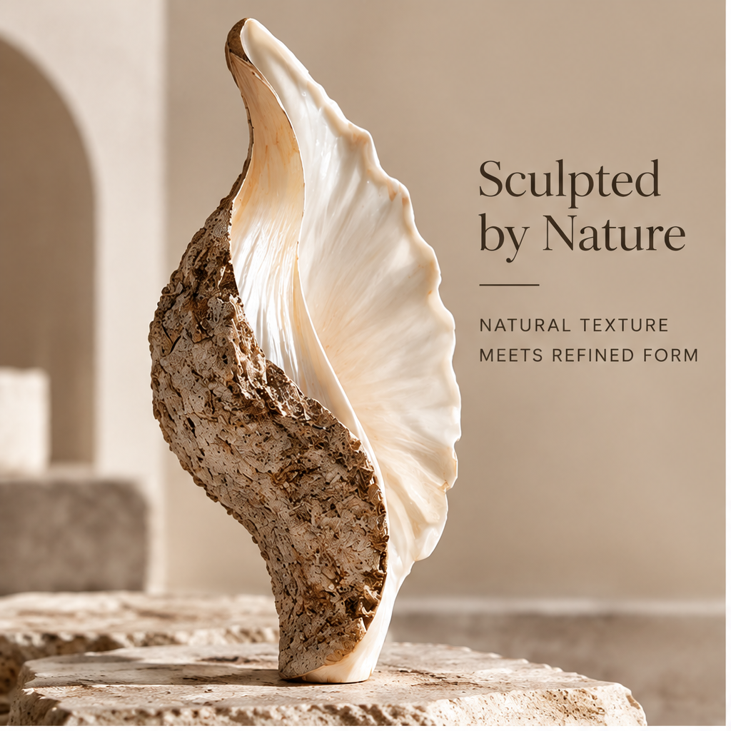 Shell decor styled on a console with books and neutral accessories