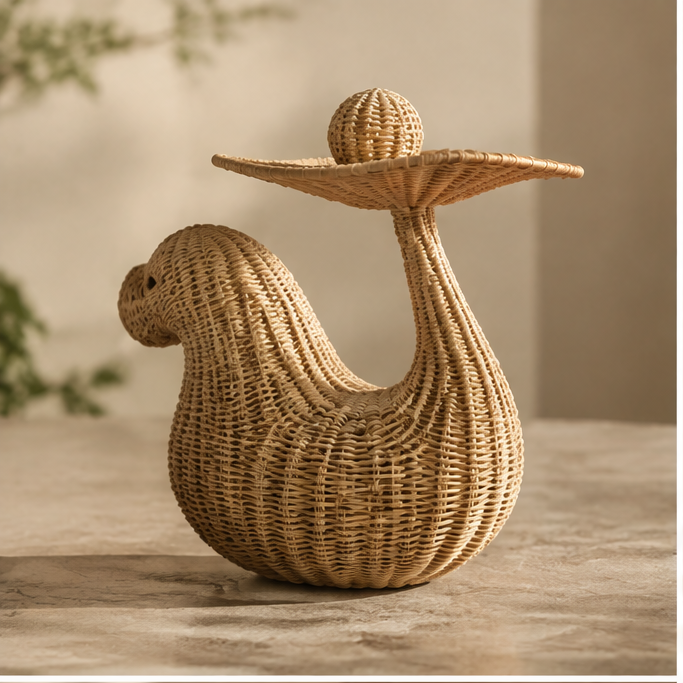 Rattan seal-shaped tray stand with a raised tail and woven ball displayed on the tray