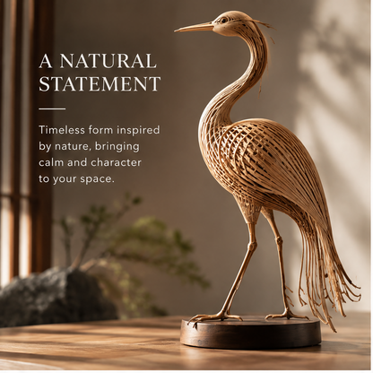 Side view of woven bird sculpture showing long beak, slender legs, and layered wings