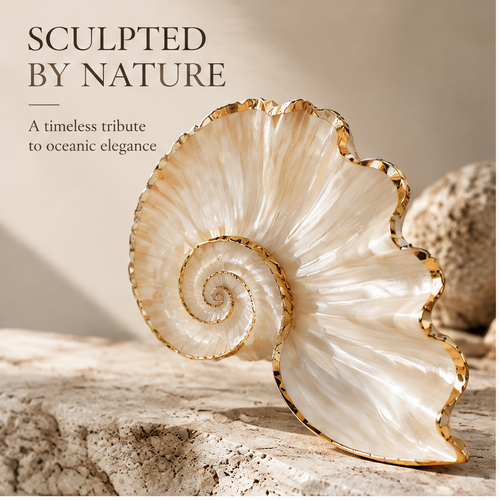 Front view of spiral shell decoration with gold-toned edging