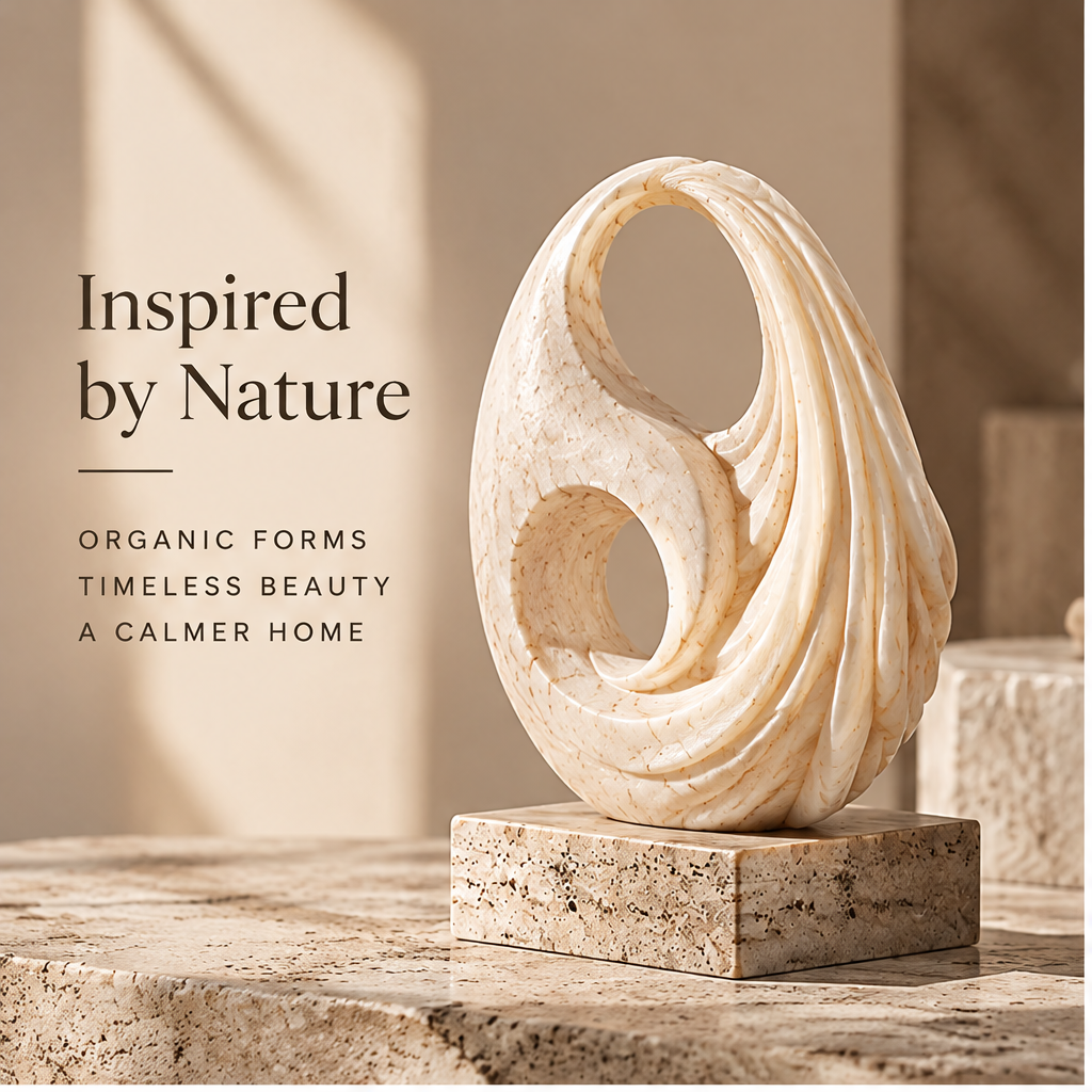 Angled view of double-loop sculpture showing layered shell-inspired ridges