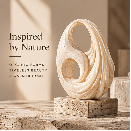 Angled view of double-loop sculpture showing layered shell-inspired ridges
