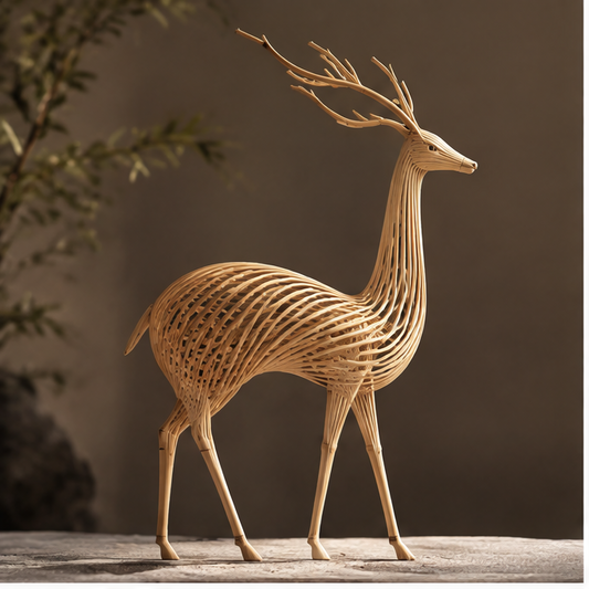 Open-weave bamboo stag decoration with branching antlers and slender legs