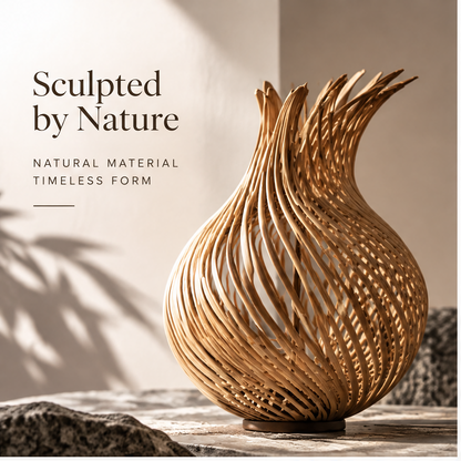 Empty bamboo decorative vase showing curved spiral strips and dark circular base