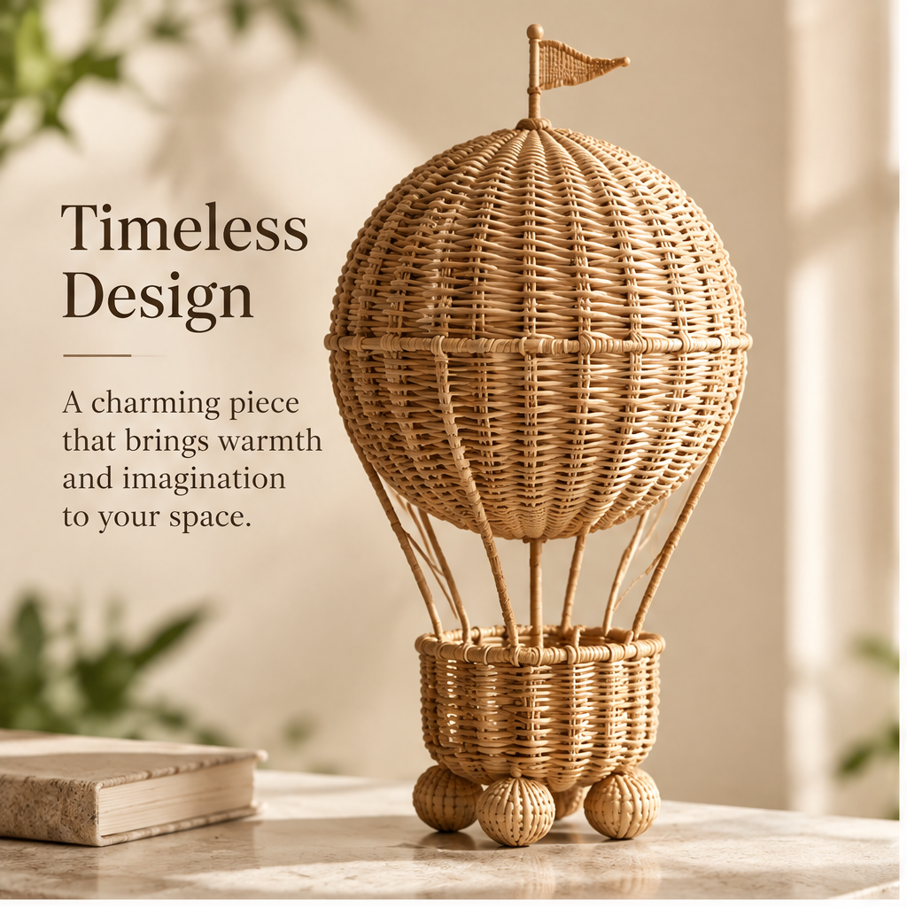 Front view of honey-toned woven hot air balloon decoration