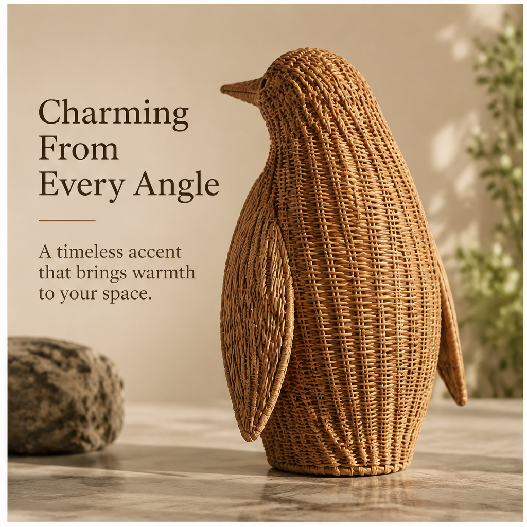 Front view of woven penguin figurine showing its contrasting oval belly panel