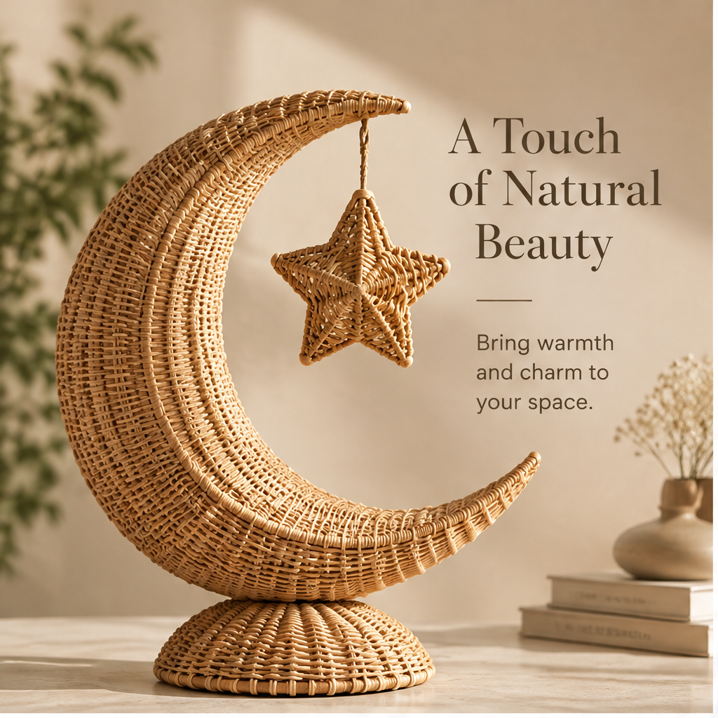Front view of woven crescent moon and hanging star decor