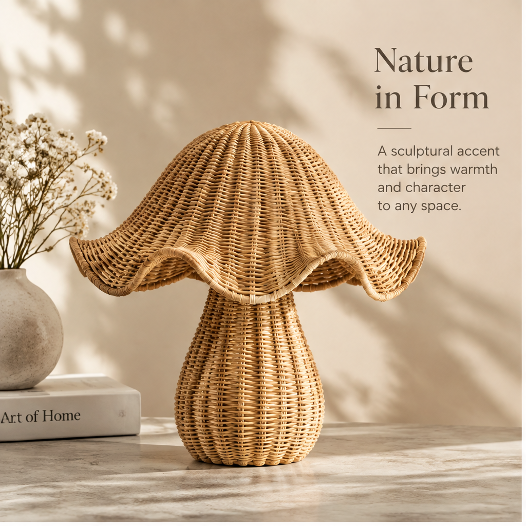 Front view of rattan mushroom ornament showing its rounded stem and flowing cap