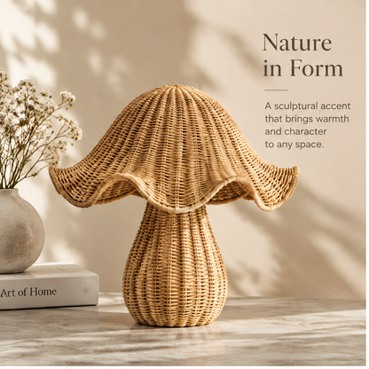 Front view of rattan mushroom ornament showing its rounded stem and flowing cap