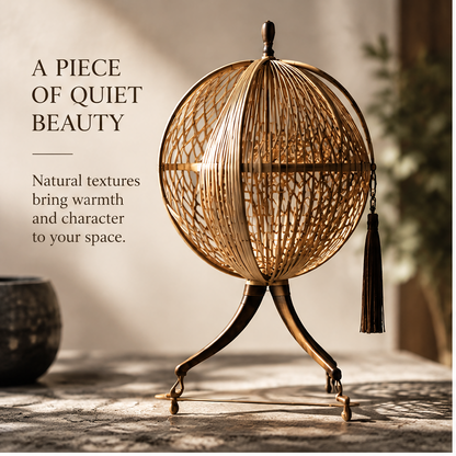 Bamboo orb ornament styled beside books and neutral accessories