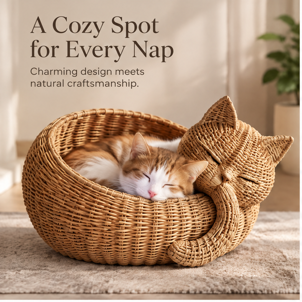 Lifestyle image showing a cat resting inside the woven cat-shaped basket