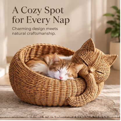 Lifestyle image showing a cat resting inside the woven cat-shaped basket