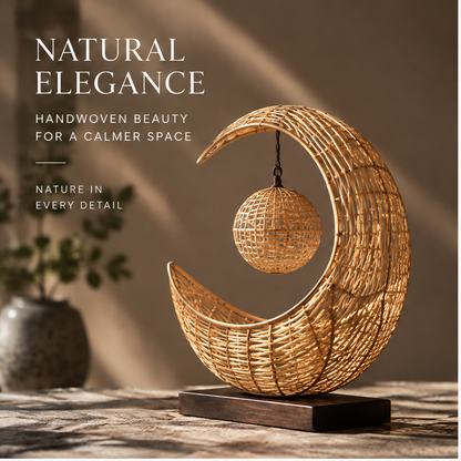 Angled view of bamboo crescent and hanging lattice-patterned sphere