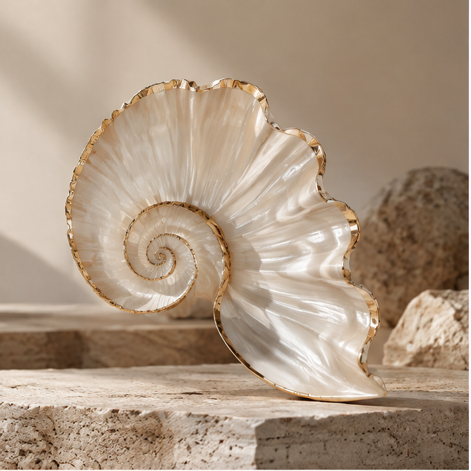 Spiral shell decoration with a creamy pearlescent finish and gold-toned trim