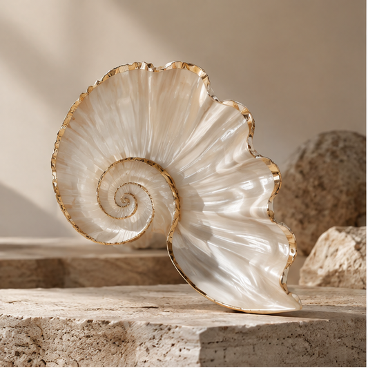 Spiral shell decoration with a creamy pearlescent finish and gold-toned trim