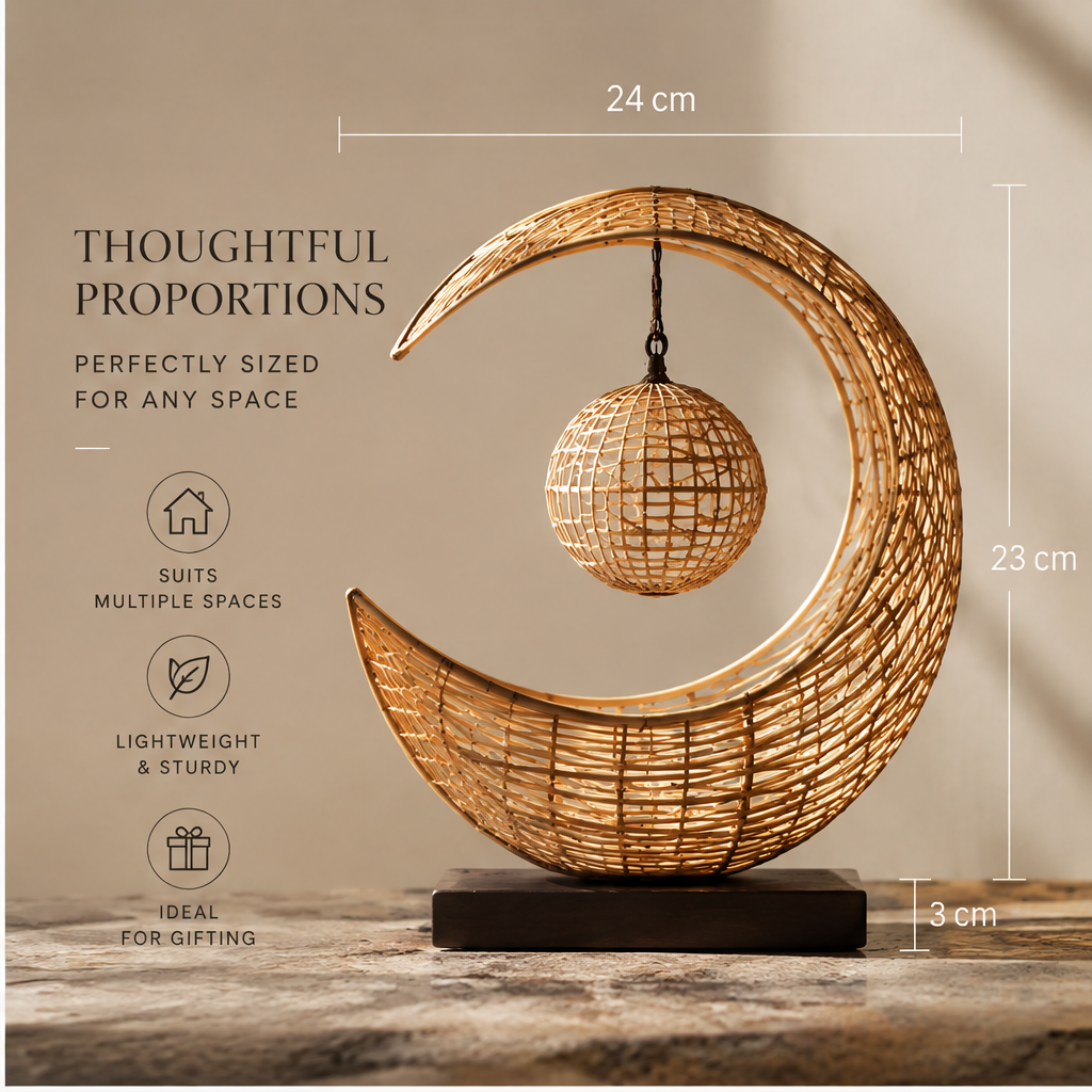 Bamboo moon ornament styled on a console beside books and a vase