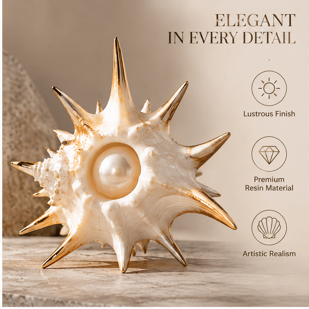 Front view of spiked shell decor and its pearlescent sphere detail