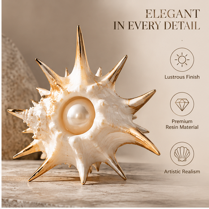 Front view of spiked shell decor and its pearlescent sphere detail