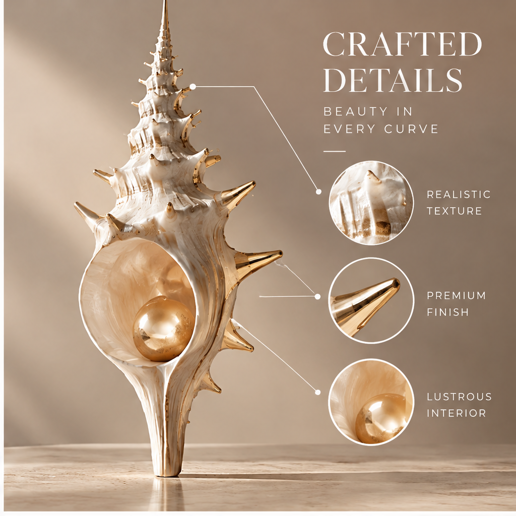 Spire shell decoration styled with books and neutral accessories