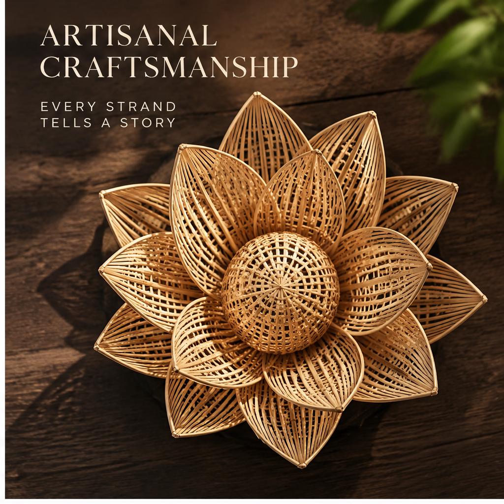 Close-up of fine bamboo strips and lattice-like weaving across lotus petals