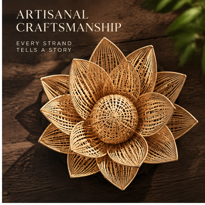 Close-up of fine bamboo strips and lattice-like weaving across lotus petals