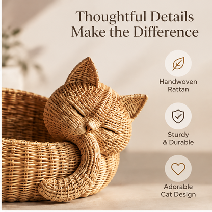 Close-up of the woven cat face, pointed ear, and curved front detail