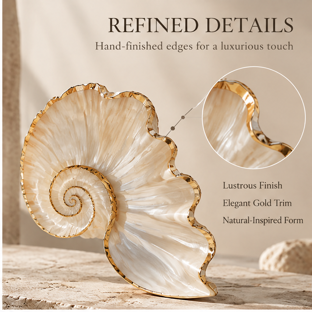 Detail view of rippled shell edges and gold-toned trim