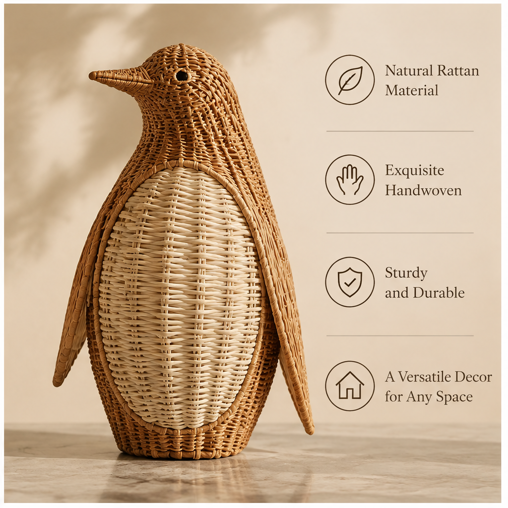 Rear view of rattan penguin figurine showing textured weaving and flippers