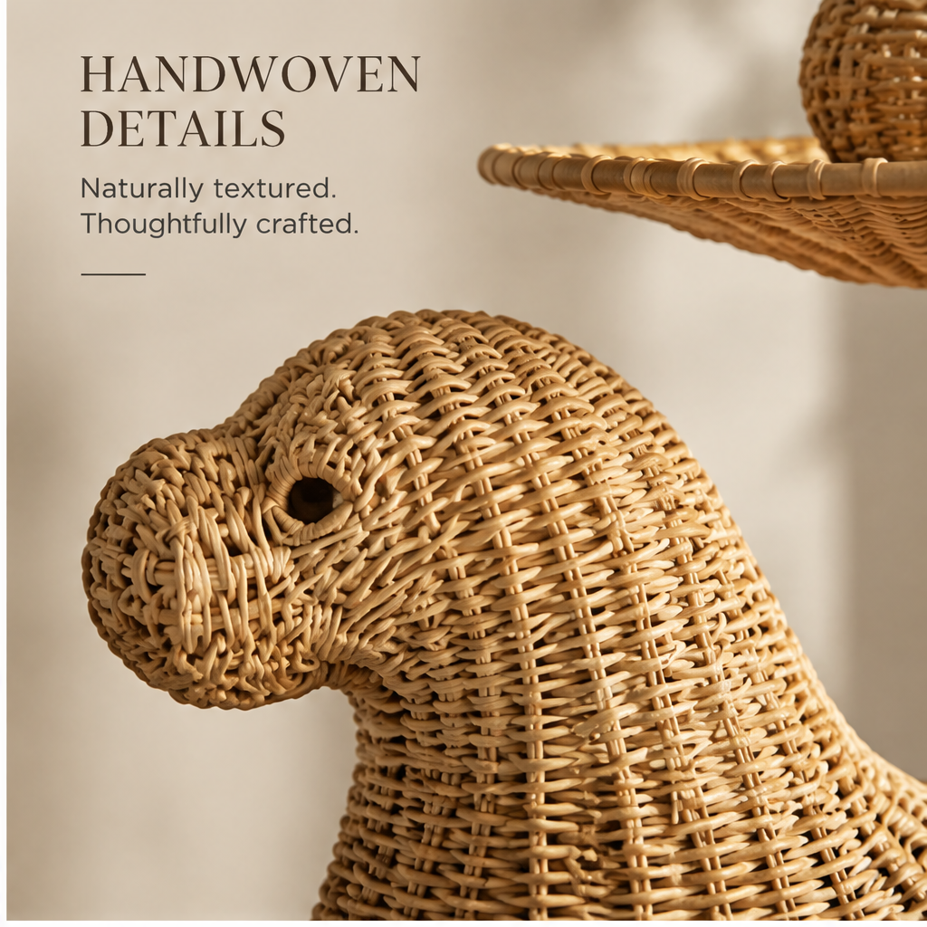 Rattan seal tray stand styled with accessories in a neutral interior