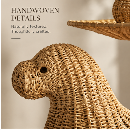 Rattan seal tray stand styled with accessories in a neutral interior