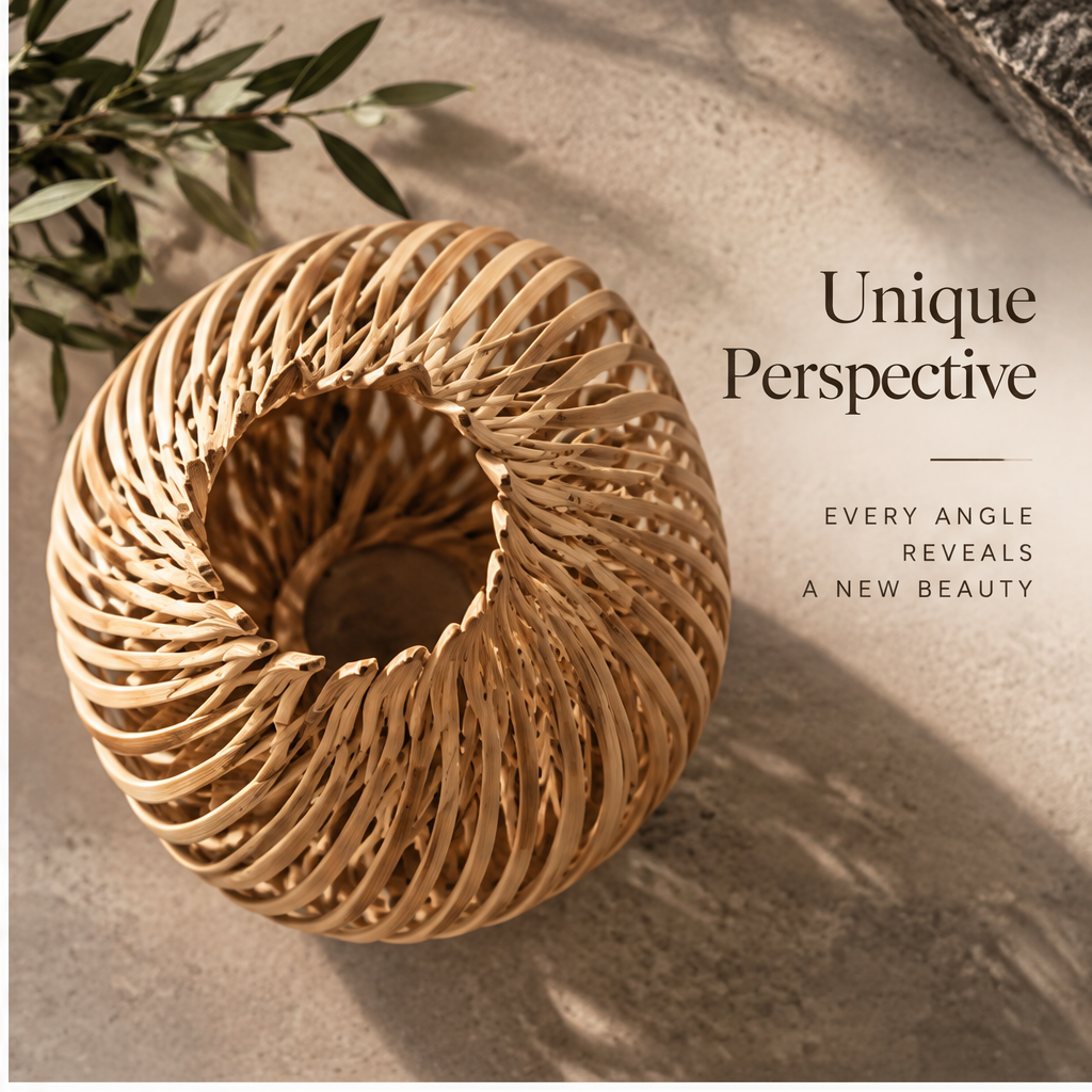Bamboo vase styled with leafy stems on a console beside books