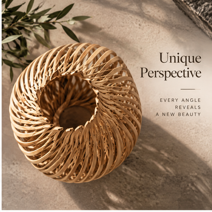 Bamboo vase styled with leafy stems on a console beside books