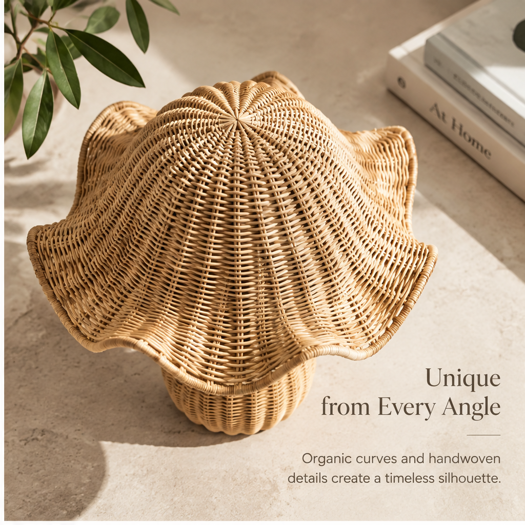 Rattan mushroom decor styled on a console beside books and ceramics