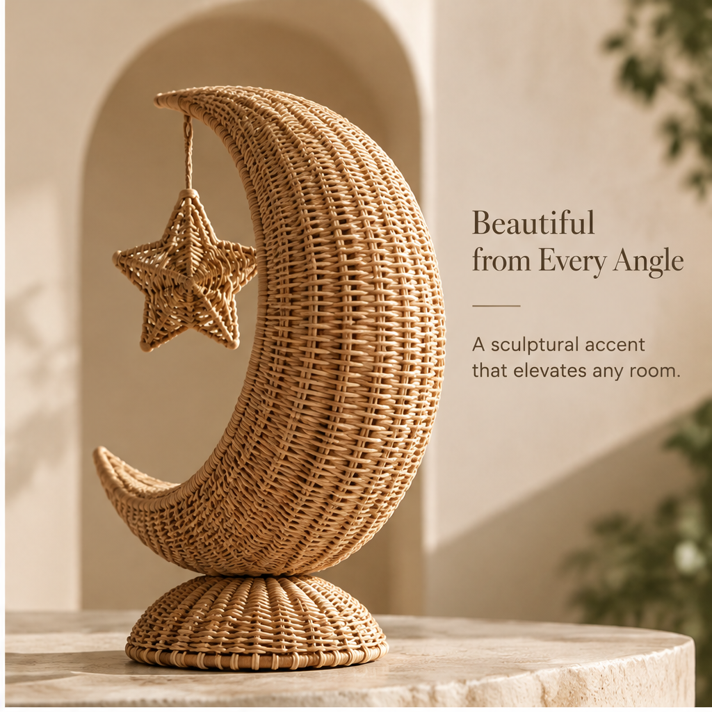Reverse angled view showing the rounded woven crescent and domed base