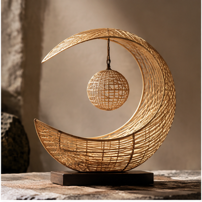Open-weave bamboo crescent ornament with a suspended woven orb and dark rectangular base