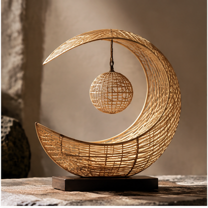 Open-weave bamboo crescent ornament with a suspended woven orb and dark rectangular base