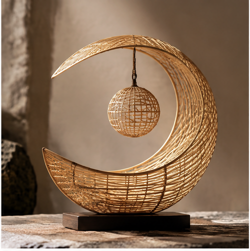 Open-weave bamboo crescent ornament with a suspended woven orb and dark rectangular base