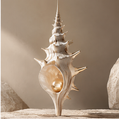 Ivory-toned spire shell decoration with gold-toned accents and sphere detail