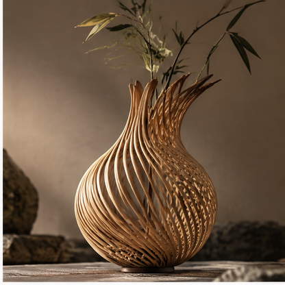 Spiral bamboo decorative vase with a rounded body and irregular flared rim, styled with leafy stems