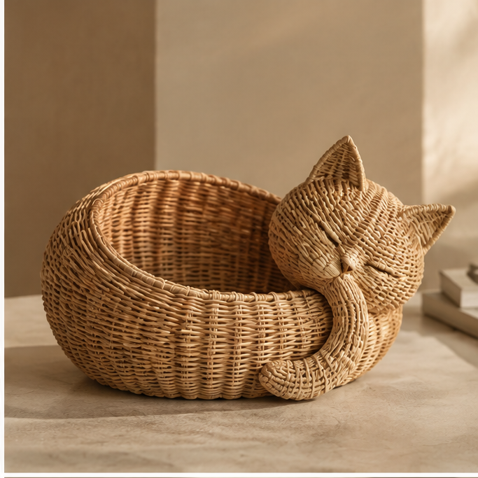 Empty honey-toned rattan basket with a sleepy cat face and pointed ears