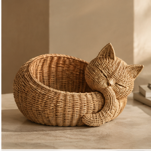 Empty honey-toned rattan basket with a sleepy cat face and pointed ears