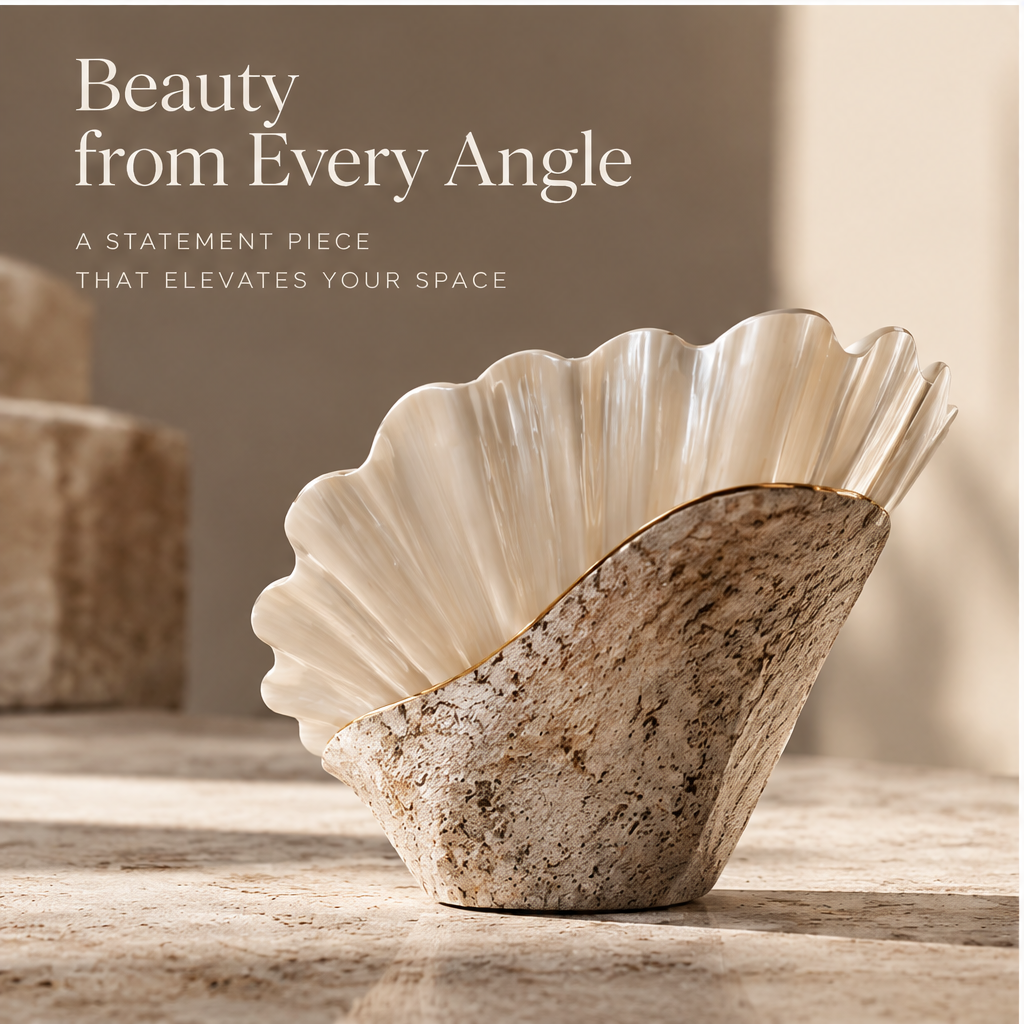 Close-up of pearlescent shell folds and fine gold-toned edging