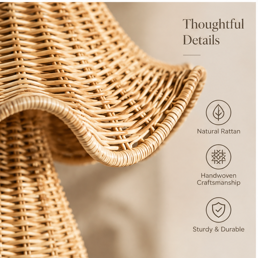 Close-up of woven strands and wrapped wavy rim on rattan mushroom ornament