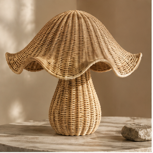 Honey-toned woven rattan mushroom ornament with a domed cap and wavy rim