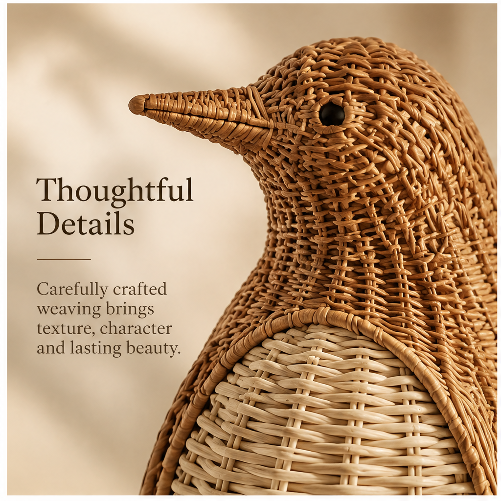 Rattan penguin figurine styled beside books and a neutral ceramic vase