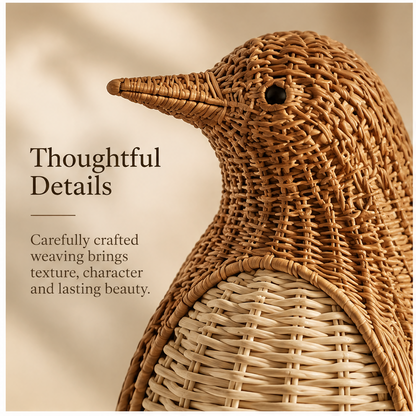 Rattan penguin figurine styled beside books and a neutral ceramic vase